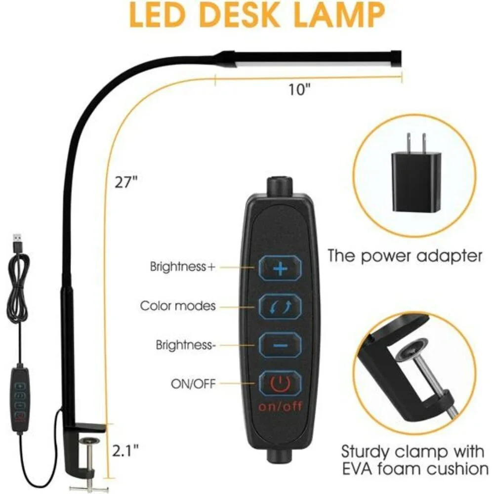 LED desk lamp with clamp adjustable gooseneck eye care task light for home offic